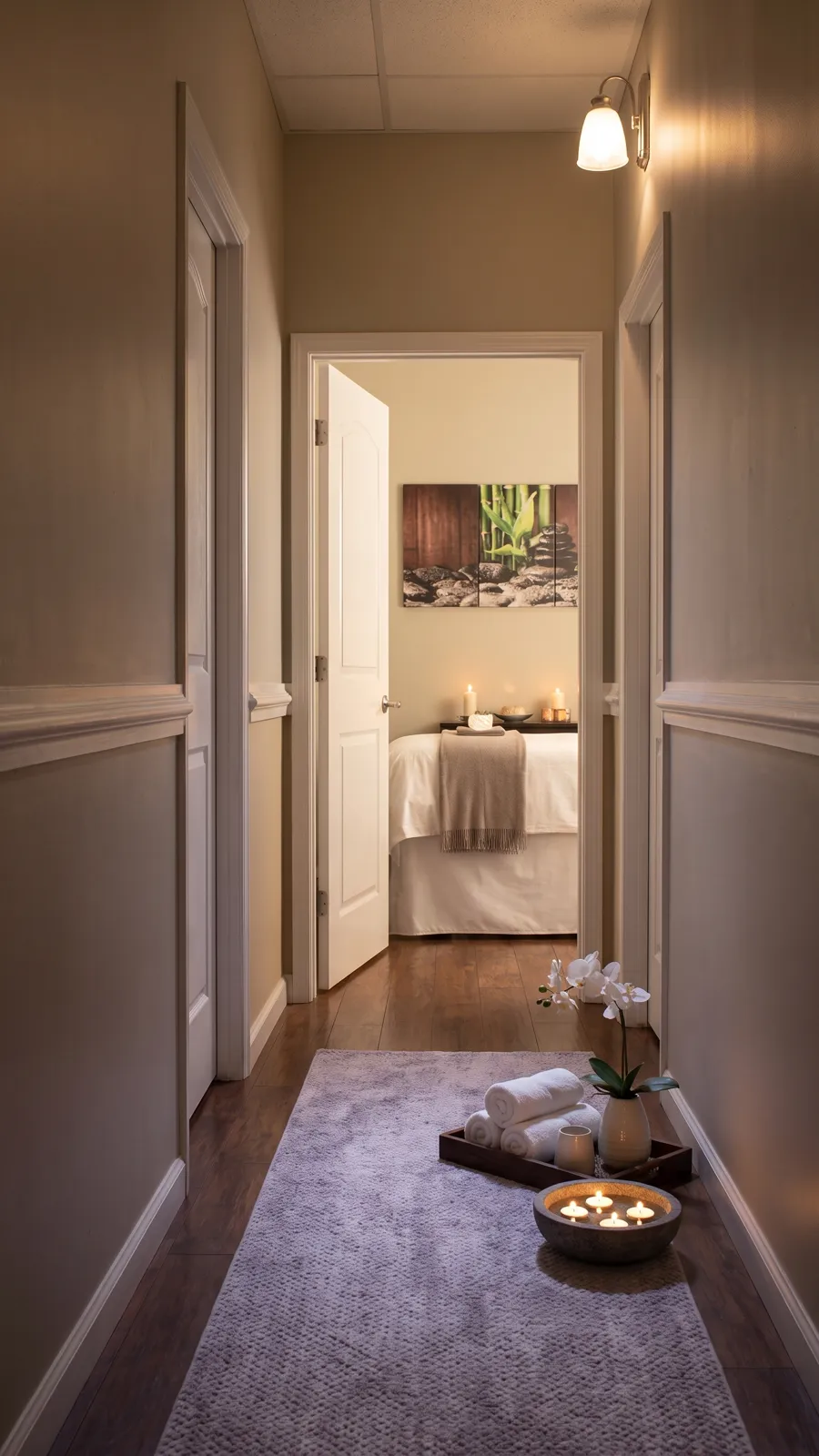 The hallway to the treatment rooms, sconces lit and one door open