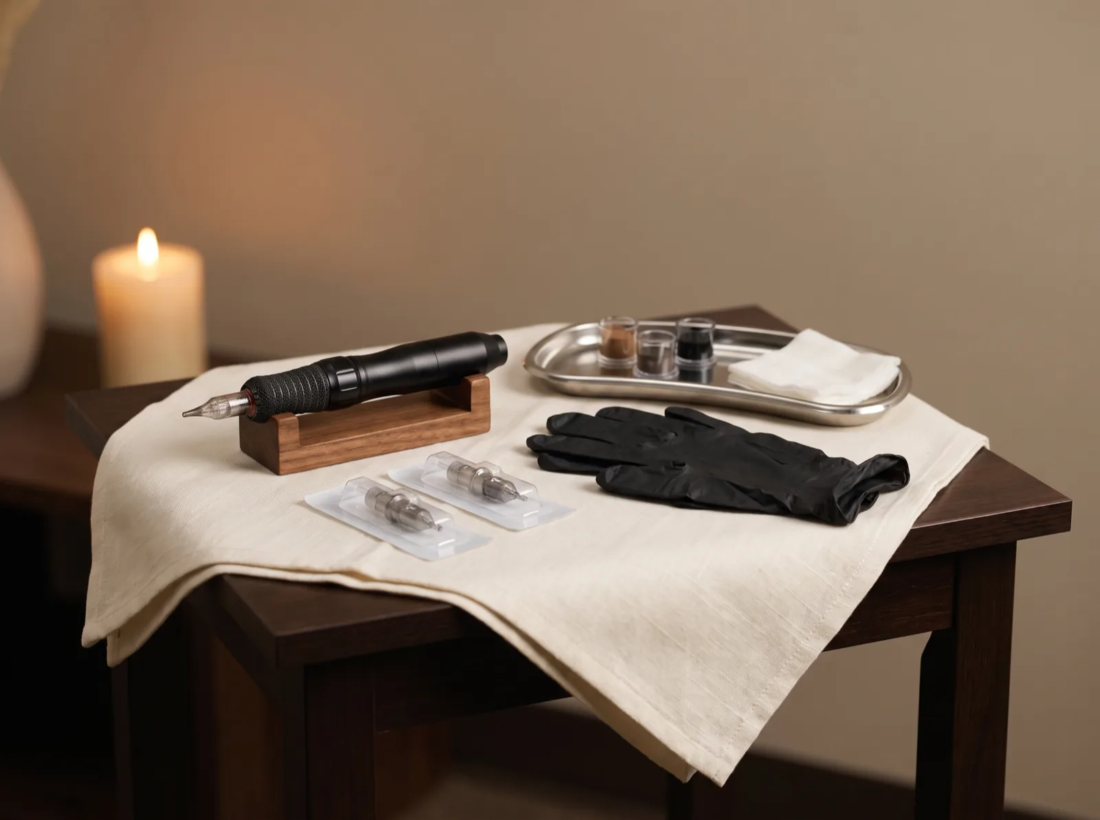 Micropigmentation pen, sealed single-use cartridges, gloves and pigment cups set out on linen